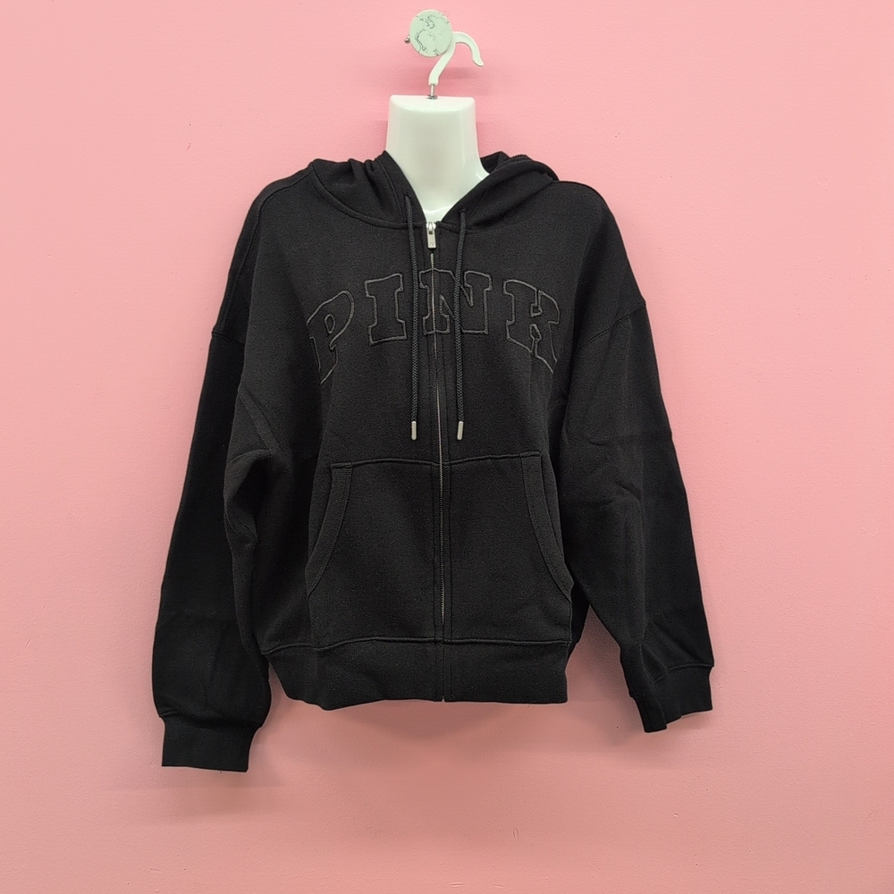 Victoria Secret PINK Full Zip Sweatshirt Hoodie Medium Pure Black